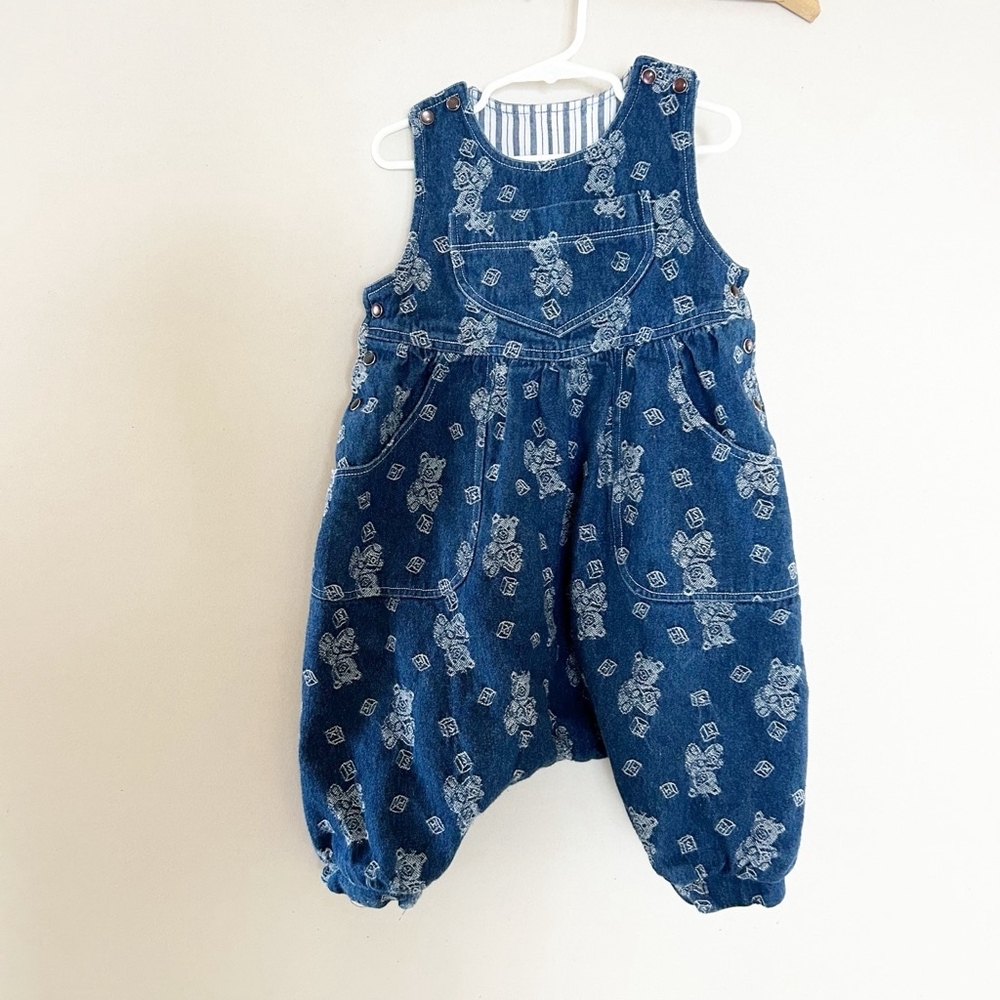 Vintage Handmade Denim Romper/Overalls   Pearl Snaps Pockets Bear & Blocks 90s